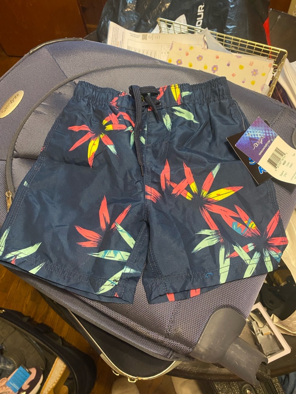 Reef Navy Swim Trunks with Red & Mint Floral Print